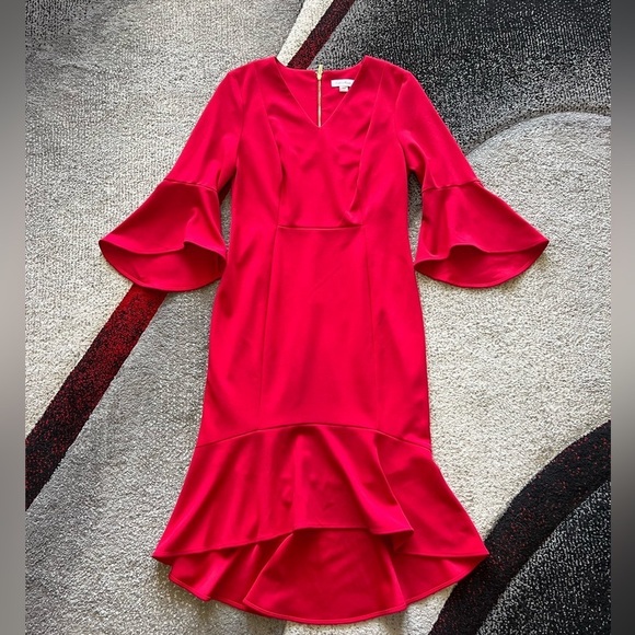 Calvin Klein Red Flounced Hem Bell Sleeve Cocktail Sheath Dress - Picture 1 of 5